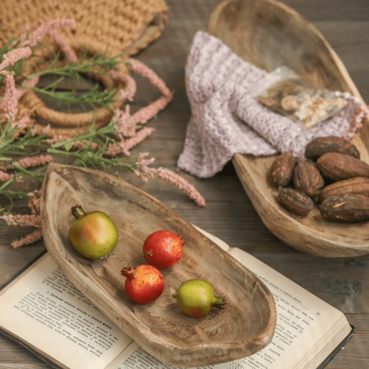 Retro boat-shaped wooden fruit platter by RusticReach, rustic tray with apples and almonds on Tampa Home & Garden Store