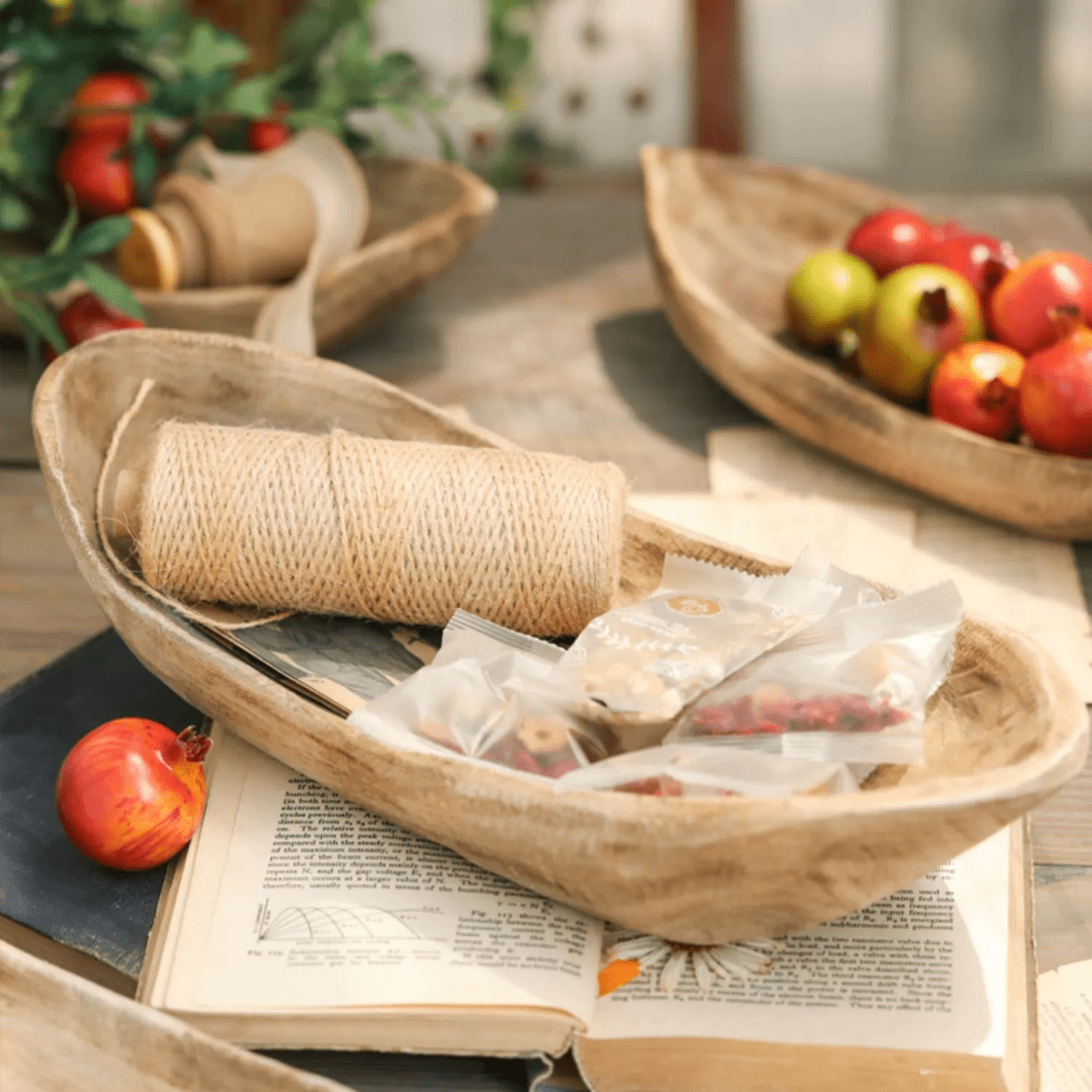 Retro wooden boat-shaped fruit platter with twine spool and snack packets by RusticReach on Tampa Home & Garden Store