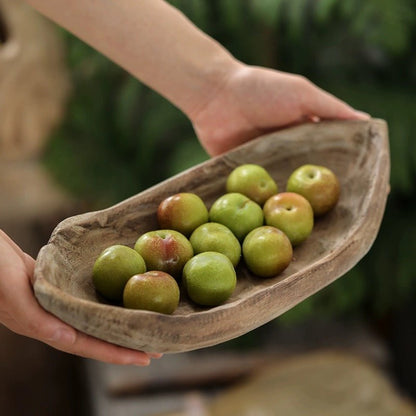 Retro wooden boat-shaped fruit platter by RusticReach in natural wood with small green plums on Tampa Home & Garden Store