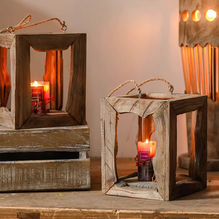 Farmhouse wooden lanterns with natural distressed wood, rope handles, candle inside, pair on Tampa Home & Garden Store