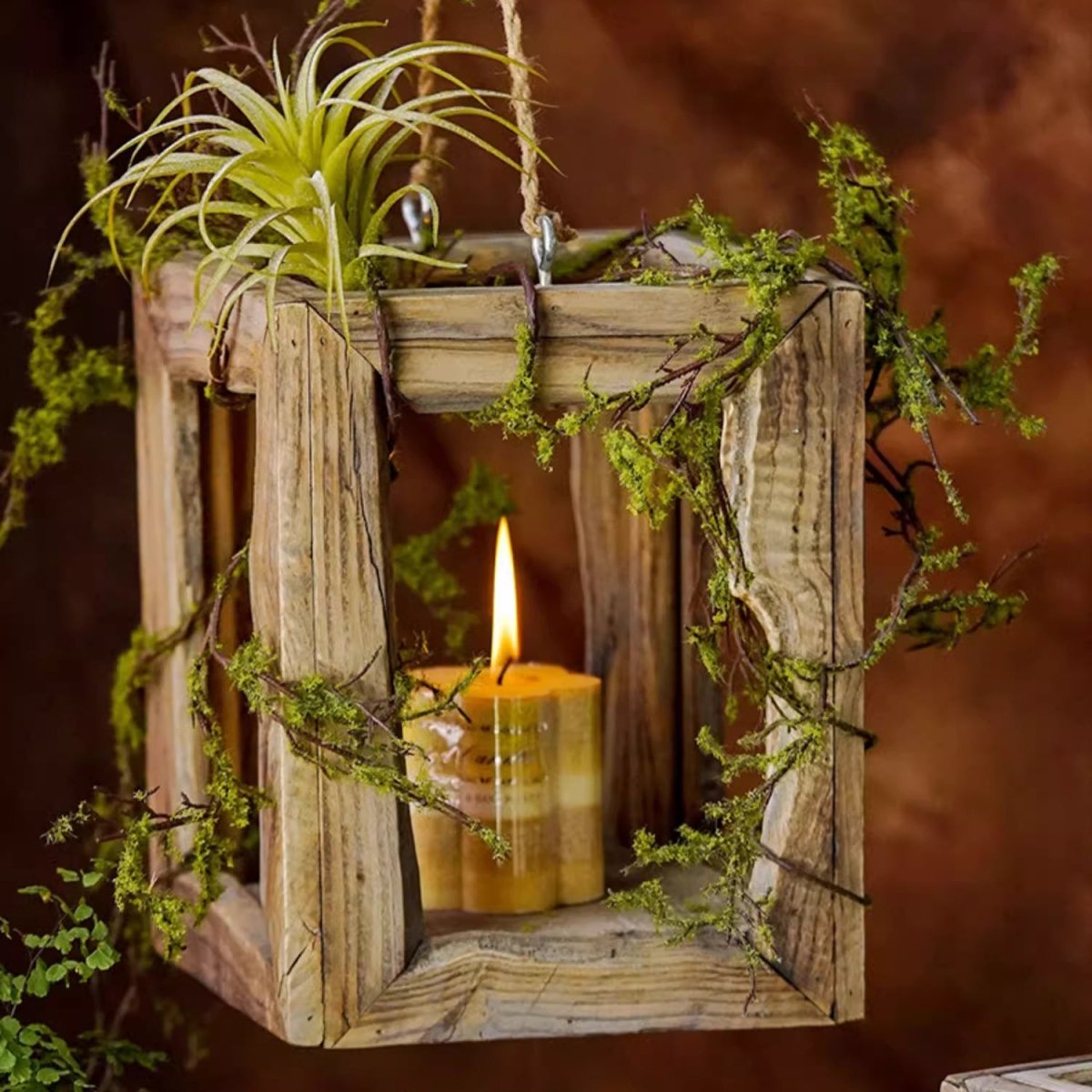 Farmhouse wooden lantern with rope hanger for hanging or tabletop use on Tampa Home & Garden Store
