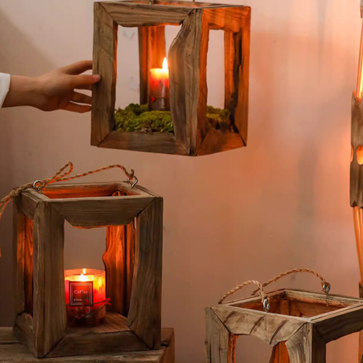 Farmhouse wooden lantern candle holder with rope handles hanging or tabletop RusticReach on Tampa Home & Garden Store