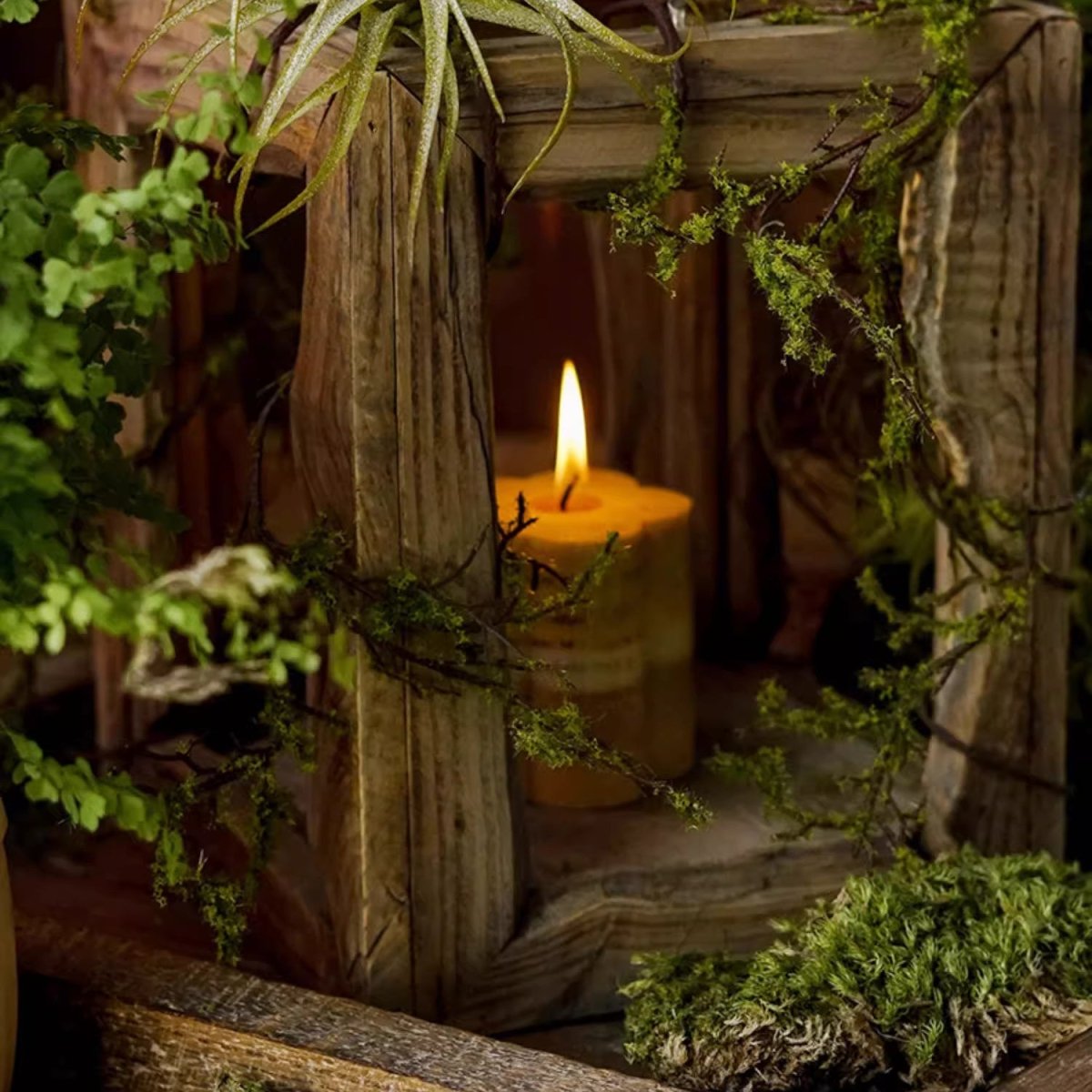 Farmhouse wooden lantern candle holder, rustic finish, for hanging or tabletop use on Tampa Home & Garden Store