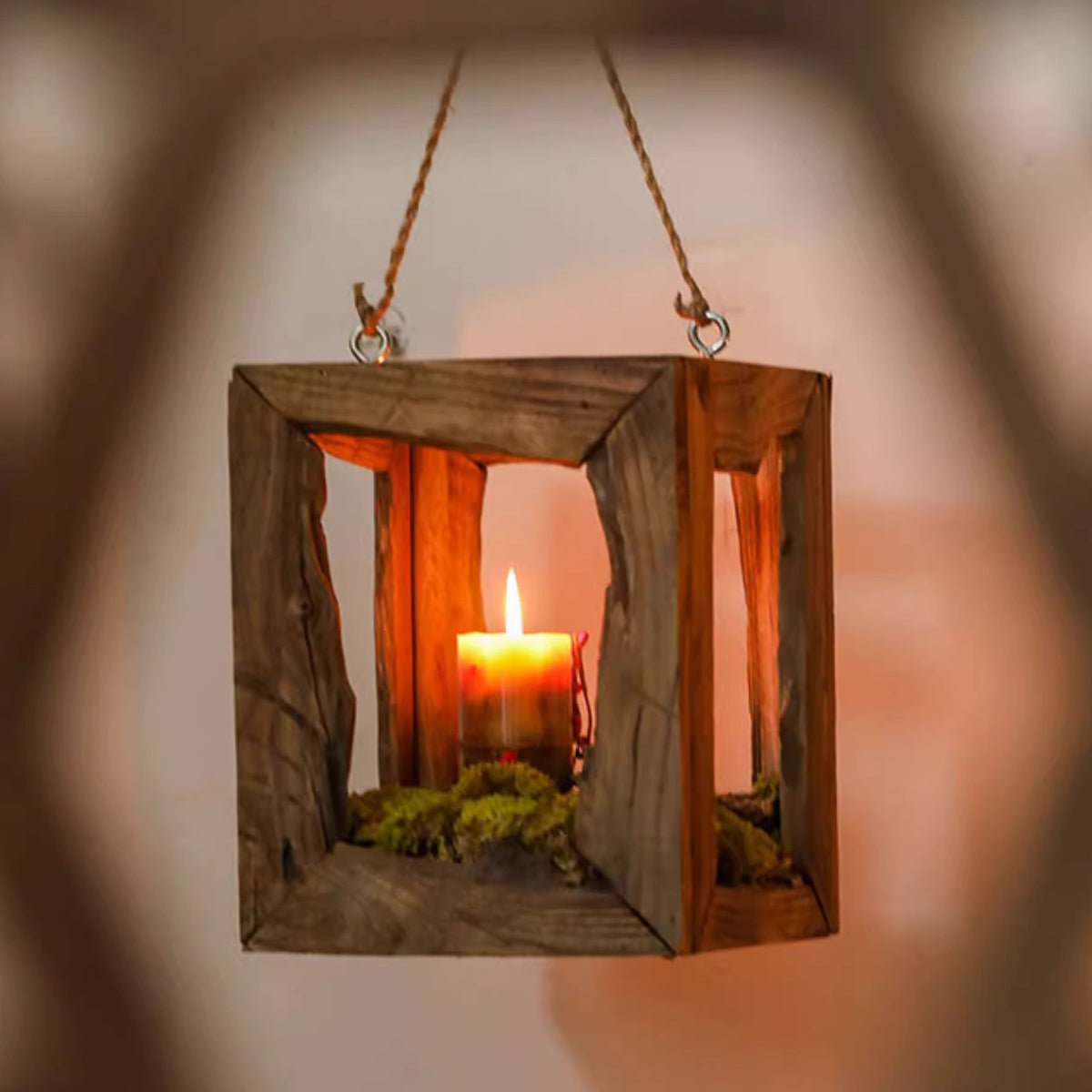 Farmhouse wooden lantern with rustic square frame, rope hanger and candle inside on Tampa Home & Garden Store