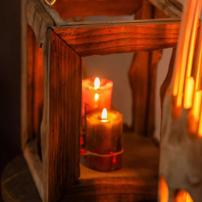 Farmhouse Wooden Lantern RusticReach, wood frame with warm candlelight, hanging or tabletop on Tampa Home & Garden Store