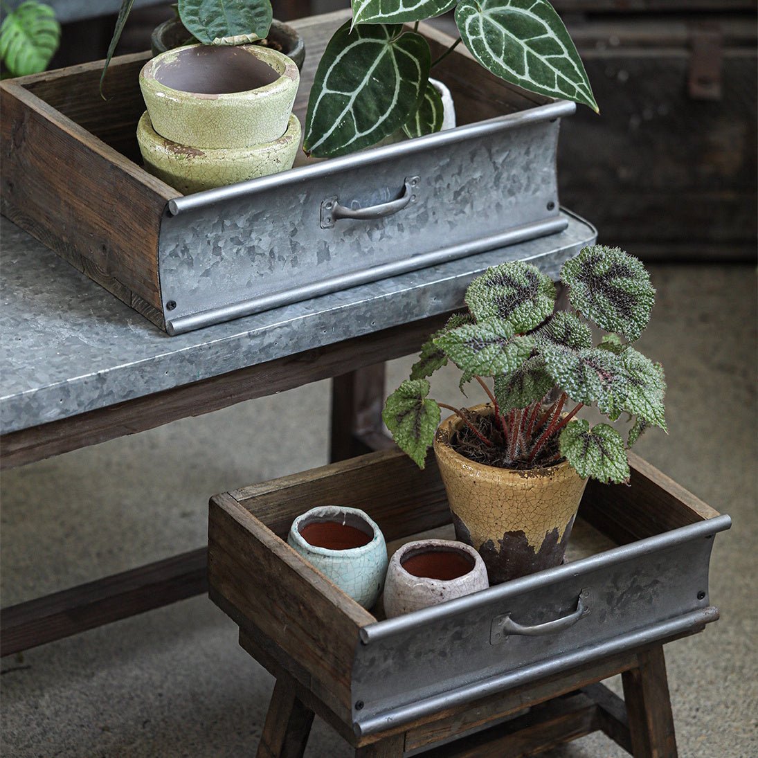 Rustic Wood and Metal Garden Tray Planter two-tier with galvanized metal RusticReach on Tampa Home & Garden Store