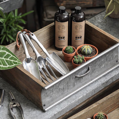 Rustic Wood and Metal Garden Tray Planter by RusticReach; 3 cacti with silver utensils on Tampa Home & Garden Store