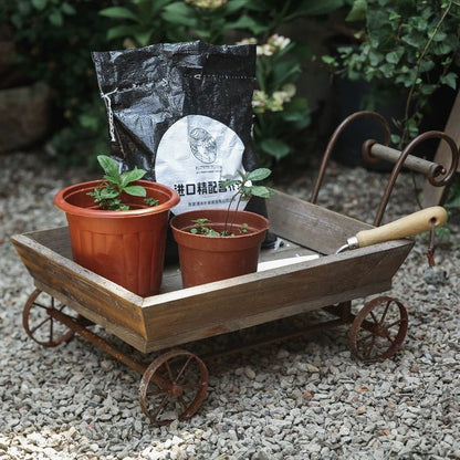 Small wooden wagon flower cart with two terracotta pots and a soil bag by RusticReach on Tampa Home & Garden Store