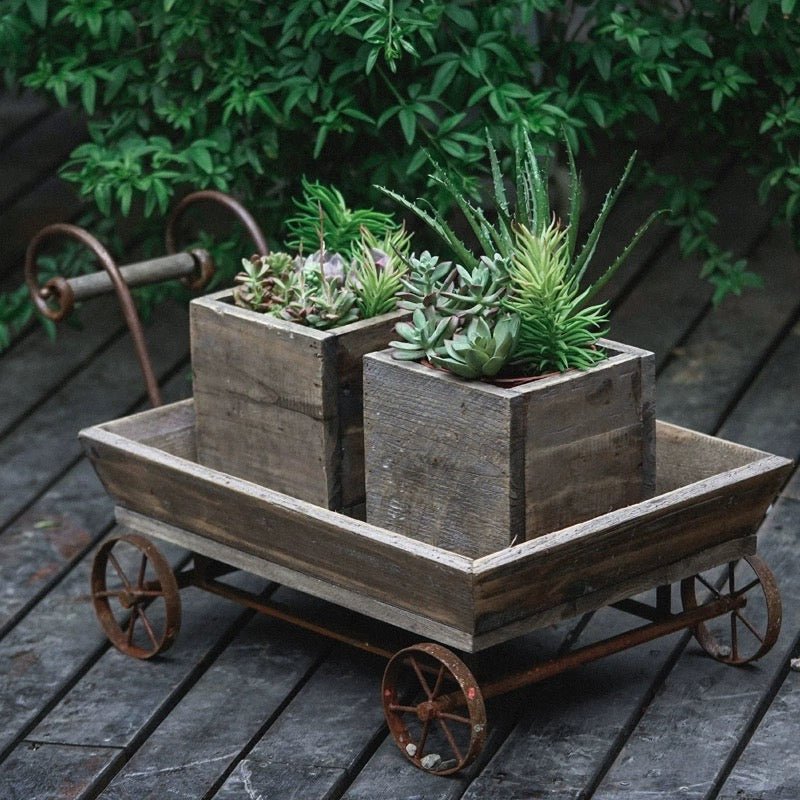 Small Wooden Wagon Flower Cart RusticReach; brown wagon with 2 square planters of succulents on Tampa Home & Garden Store