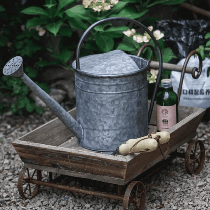 Small Decorative Wooden Wagon Flower Cart with a galvanized watering can on iron wheels on Tampa Home & Garden Store