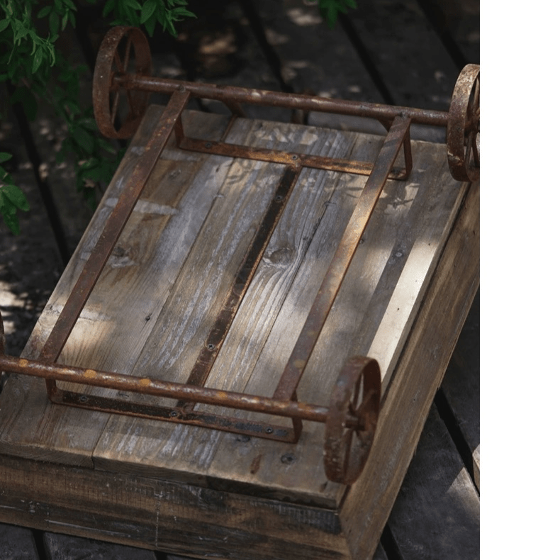 Small decorative wooden wagon flower cart with rusty metal frame RusticReach on Tampa Home & Garden Store