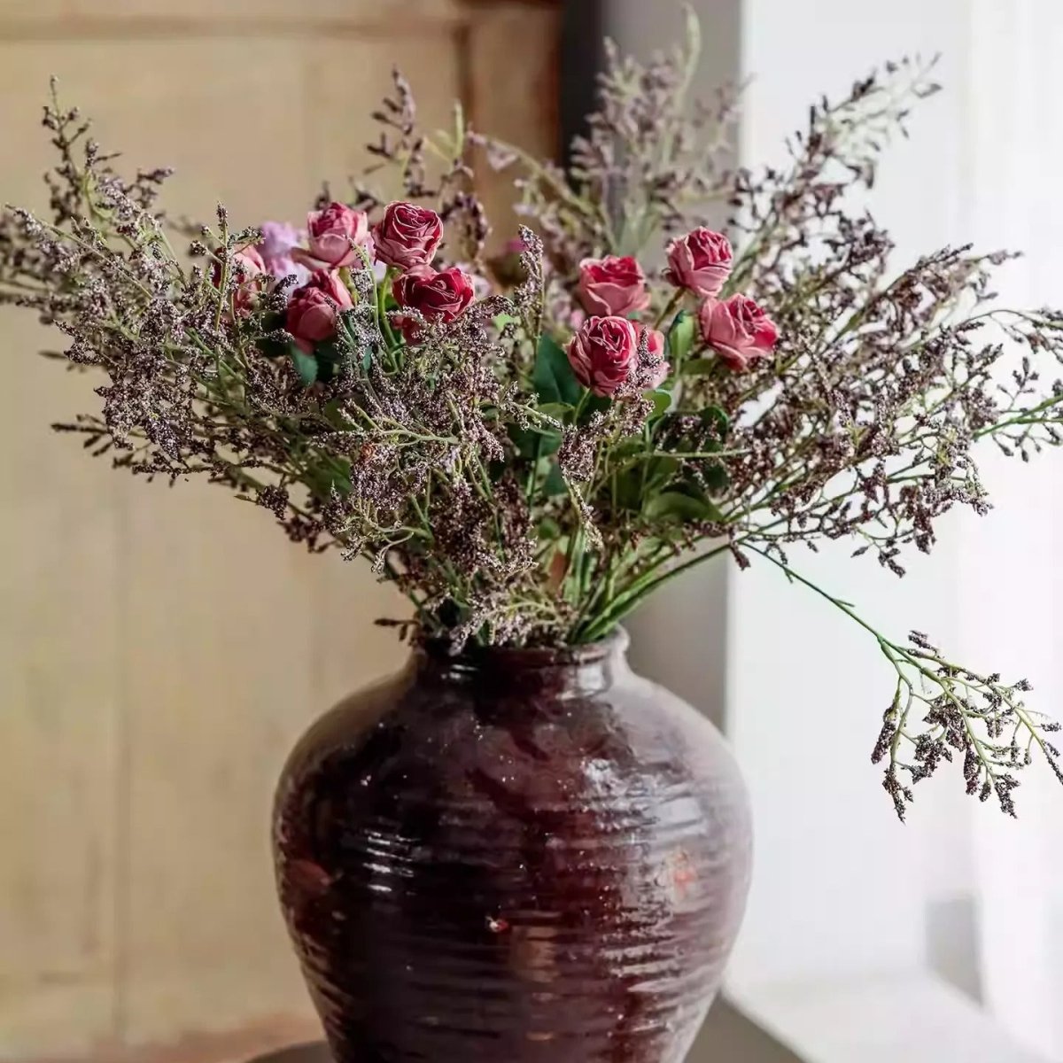 Wild Lavender Stem 29.1 Tall artificial bouquet with pink roses in a glazed vase RusticReach on Tampa Home & Garden Store