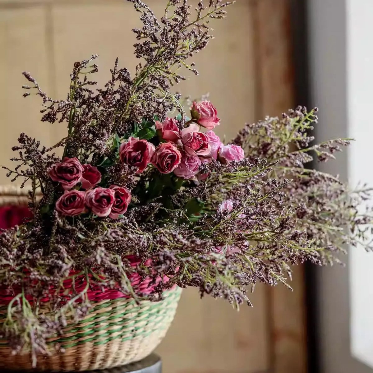 Wild Lavender Stem 29.1 Tall artificial bouquet by RusticReach with pink roses in a woven basket on Tampa Home & Garden Store