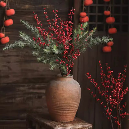 Faux Red Winterberry Stem arrangement with pine sprigs in a rustic ceramic vase RusticReach on Tampa Home & Garden Store