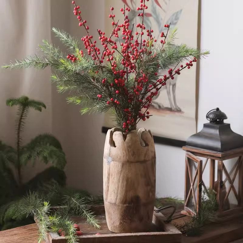 Faux Red Winterberry Stem by RusticReach in a natural wood vase with pine sprigs on Tampa Home & Garden Store