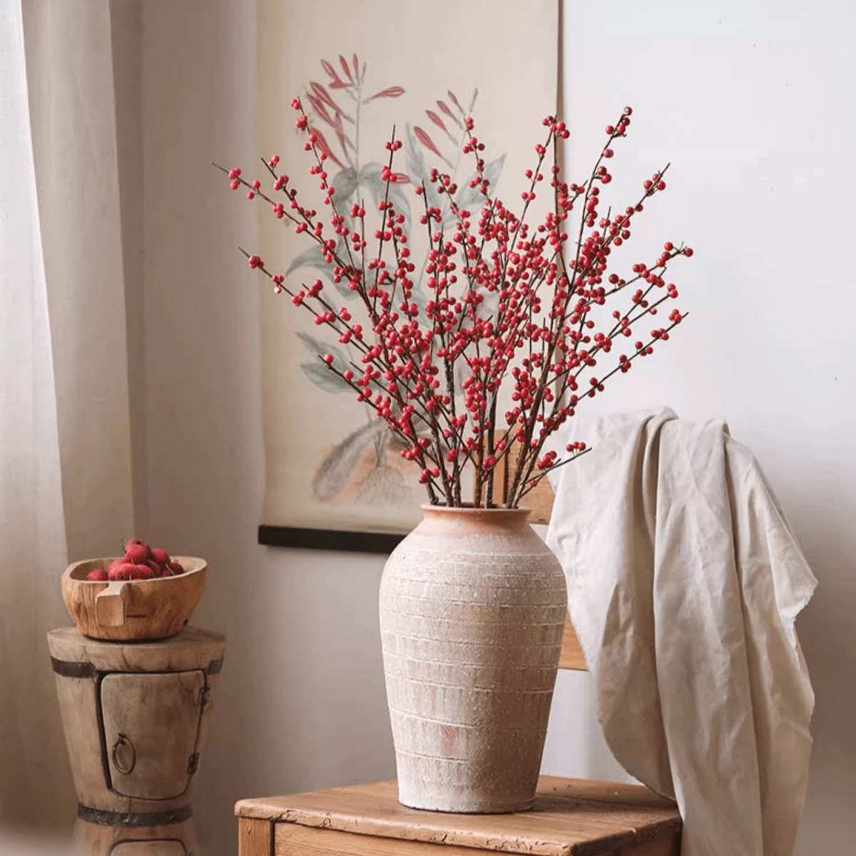Faux Red Winterberry Stem by RusticReach in a textured beige vase on Tampa Home & Garden Store