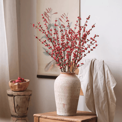 Faux Red Winterberry Stem by RusticReach in a textured beige vase on Tampa Home & Garden Store