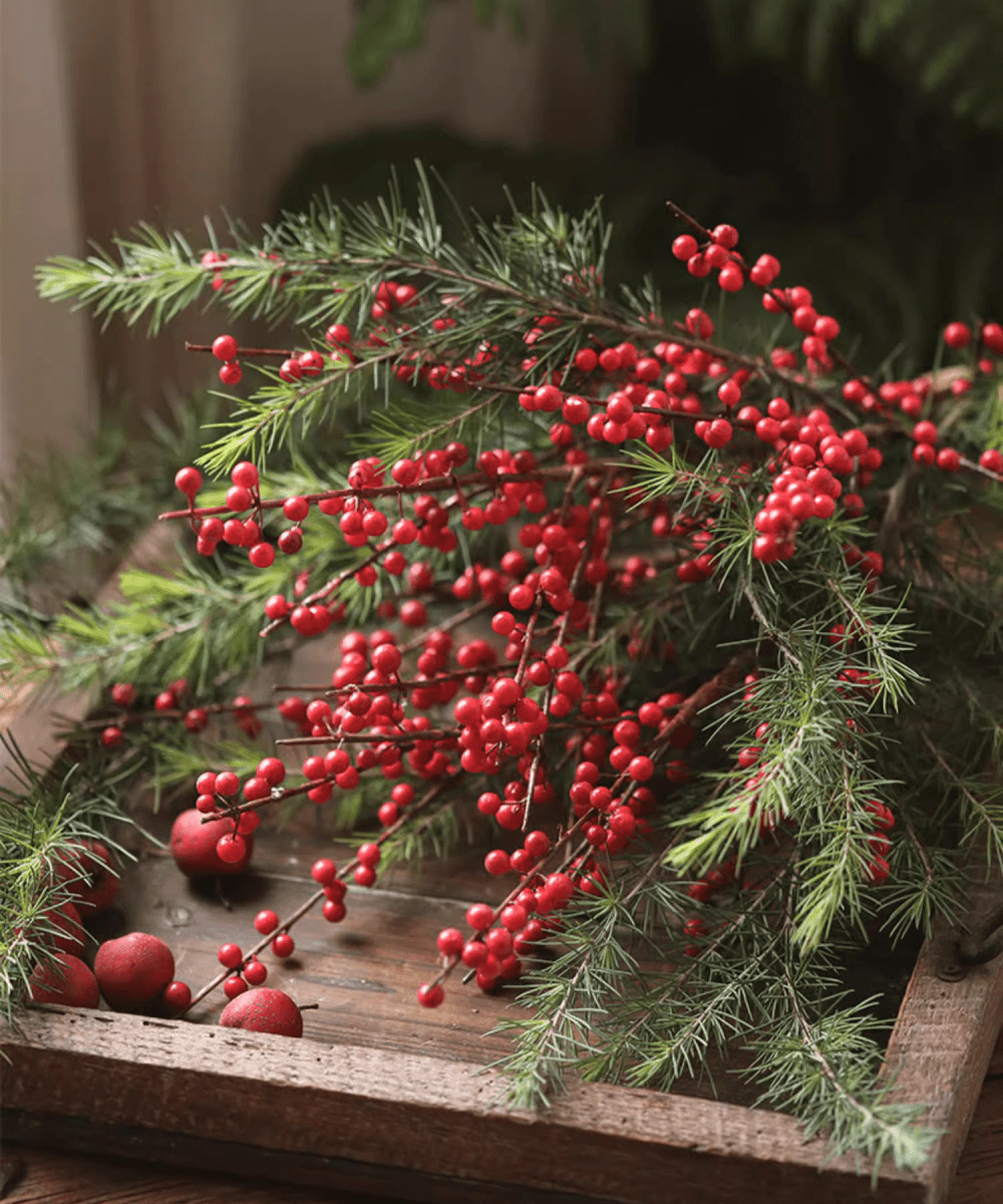 Faux Red Winterberry Stem with pine needles on a rustic wooden tray RusticReach on Tampa Home & Garden Store
