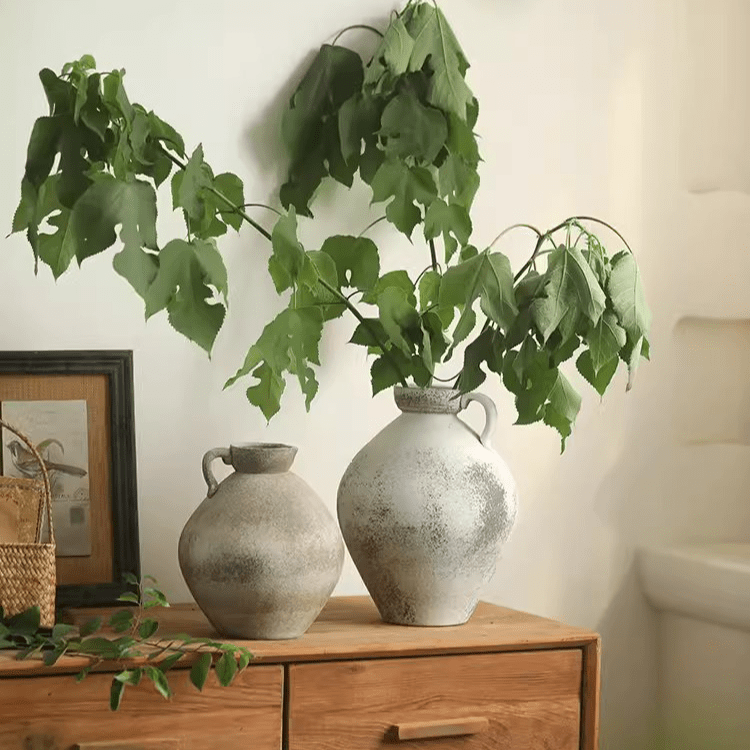 Watertight One Handle Pottery Vase RusticReach weathered white glaze pair with leafy stems on Tampa Home & Garden Store