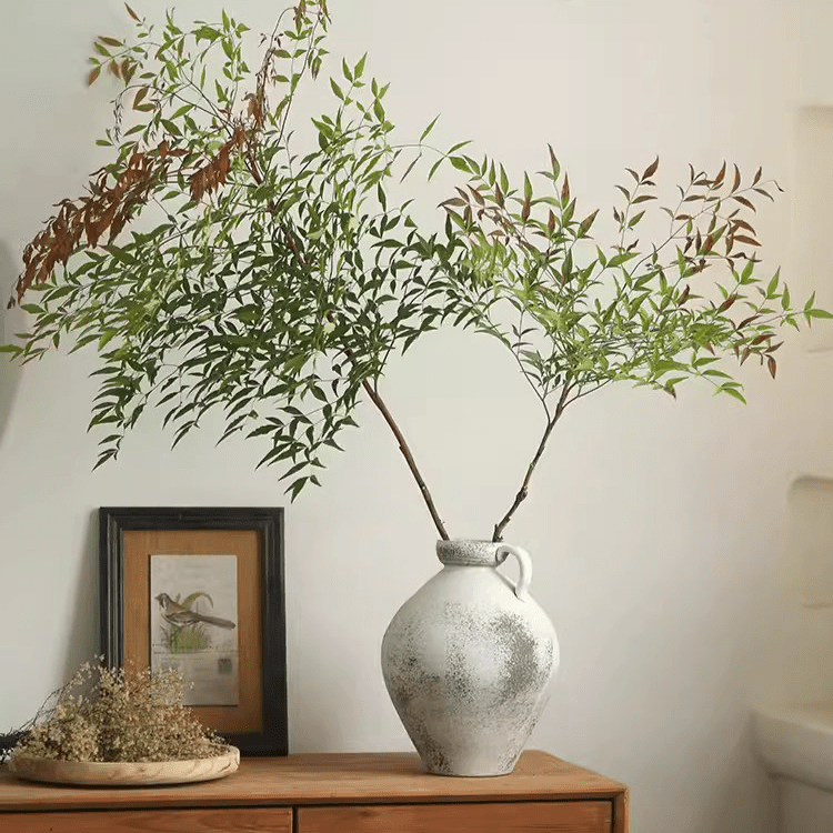 Watertight One Handle Pottery Vase RusticReach, speckled white ceramic with leafy branches on Tampa Home & Garden Store