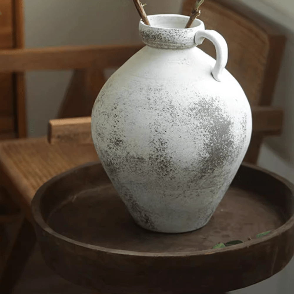 Watertight One Handle Pottery Vase by RusticReach, white with distressed speckled finish on Tampa Home & Garden Store