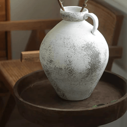 Watertight One Handle Pottery Vase by RusticReach, white with distressed speckled finish on Tampa Home & Garden Store