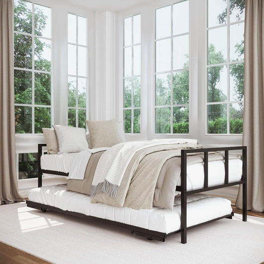 Twin Heavy Duty Black Metal Daybed Frame with Roll-Out Pop-Up Trundle Bed Frame - Tampa Home & Garden Store