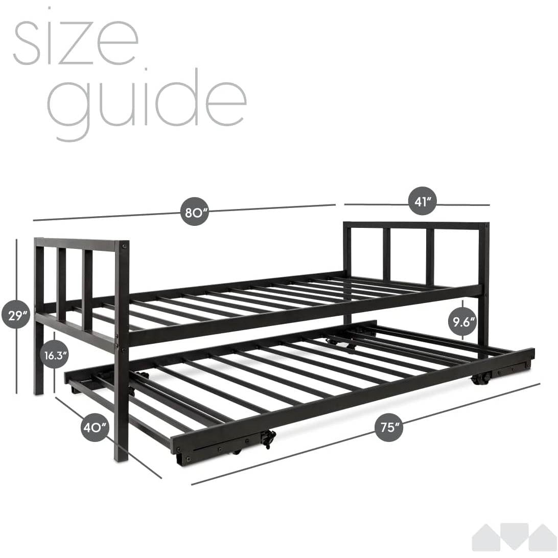 Armazón de cama de día individual de metal negro de alta resistencia con cama nido desplegable con ruedas