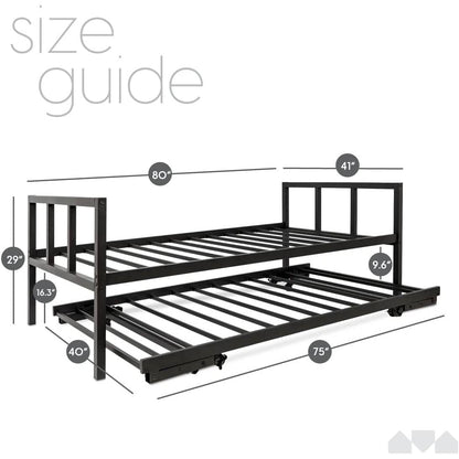 Armazón de cama de día individual de metal negro de alta resistencia con cama nido desplegable con ruedas