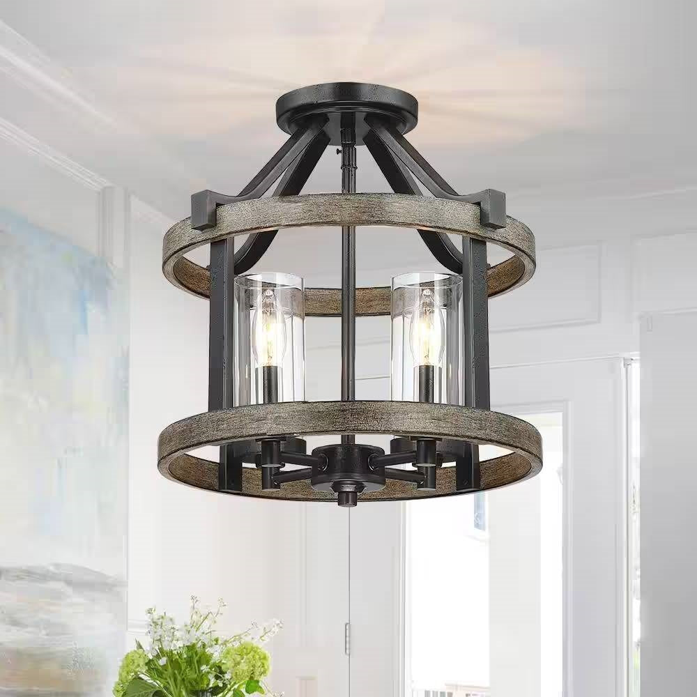 Lámpara de Techo Semienrasada de Metal y Madera de Estilo Rústico de 4 Luces y 12.5 Pulgadas, Redonda