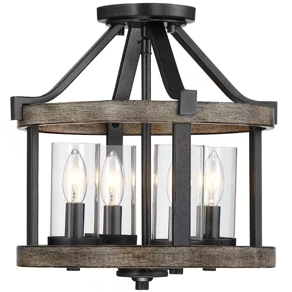 Lámpara de Techo Semienrasada de Metal y Madera de Estilo Rústico de 4 Luces y 12.5 Pulgadas, Redonda