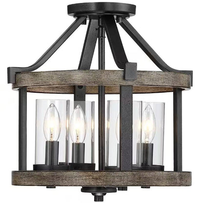 Lámpara de Techo Semienrasada de Metal y Madera de Estilo Rústico de 4 Luces y 12.5 Pulgadas, Redonda