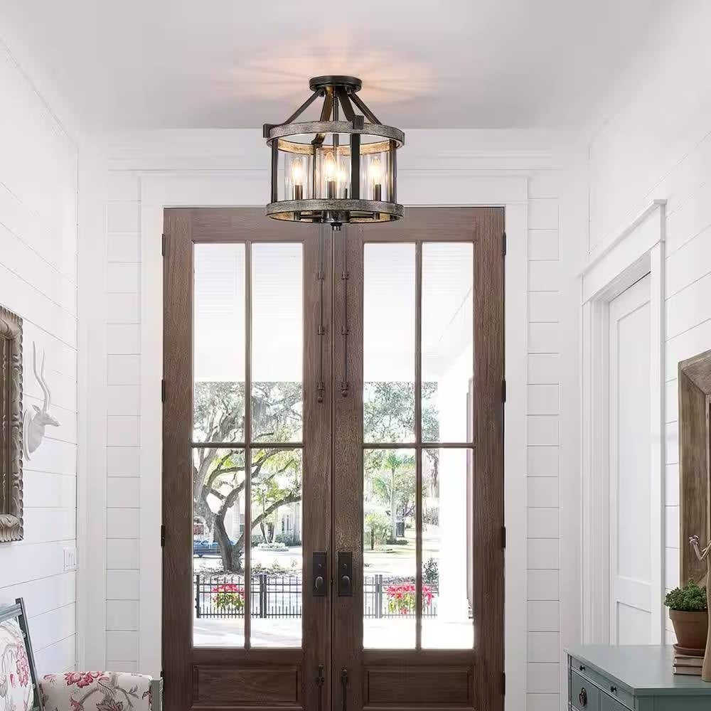 Lámpara de Techo Semienrasada de Metal y Madera de Estilo Rústico de 4 Luces y 12.5 Pulgadas, Redonda