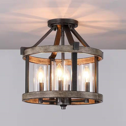 Lámpara de Techo Semienrasada de Metal y Madera de Estilo Rústico de 4 Luces y 12.5 Pulgadas, Redonda