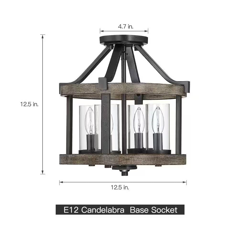 Lámpara de Techo Semienrasada de Metal y Madera de Estilo Rústico de 4 Luces y 12.5 Pulgadas, Redonda