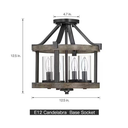 Lámpara de Techo Semienrasada de Metal y Madera de Estilo Rústico de 4 Luces y 12.5 Pulgadas, Redonda