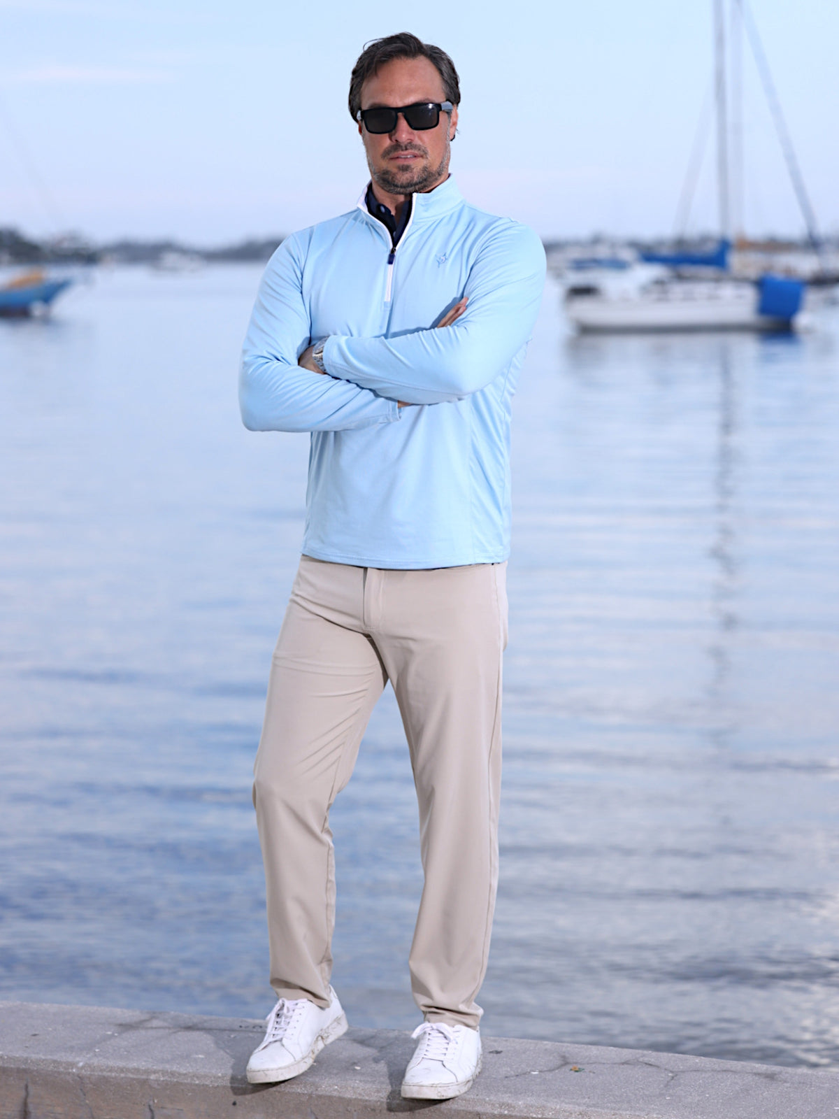 Montauk quarter zip top by White Water Life in light blue, men's long-sleeve athletic top on Tampa Home & Garden Store