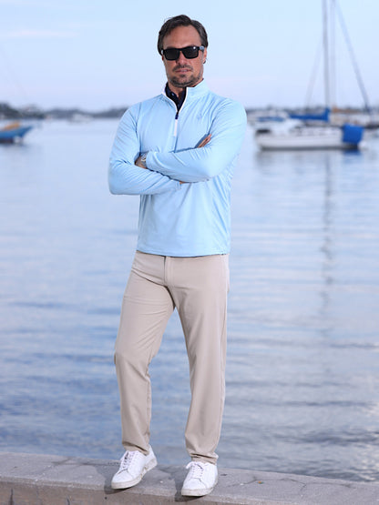 Montauk quarter zip top by White Water Life in light blue, men's long-sleeve athletic top on Tampa Home & Garden Store
