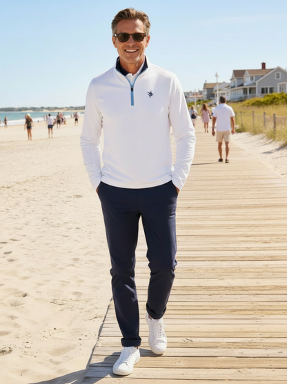 Montauk Quarter Zip Midweight Comfort White Water Life white pullover with blue zip on beach on Tampa Home & Garden Store