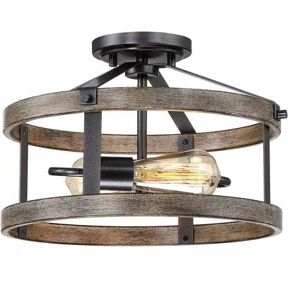 Lámpara de techo semienrasada de 2 luces, estilo rústico, de metal y madera, de 33 cm