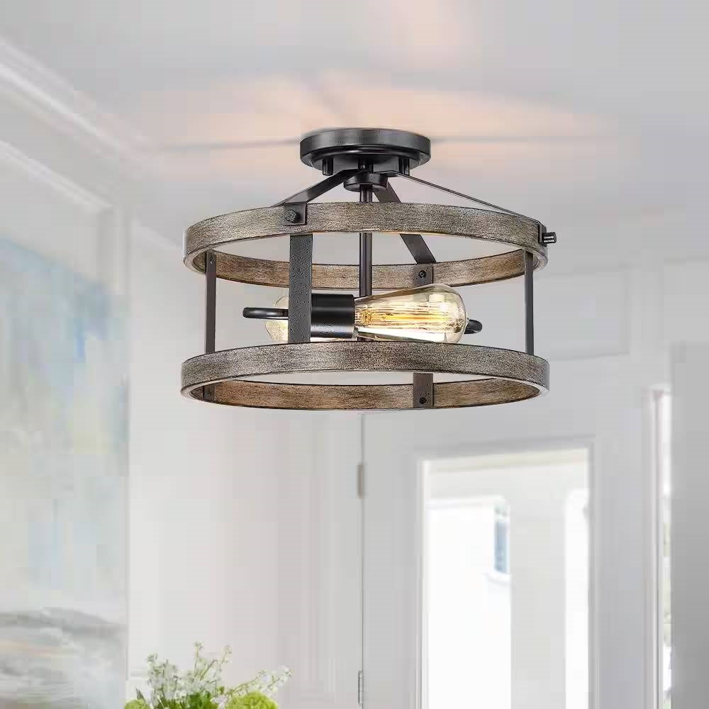 Lámpara de techo semienrasada de 2 luces, estilo rústico, de metal y madera, de 33 cm