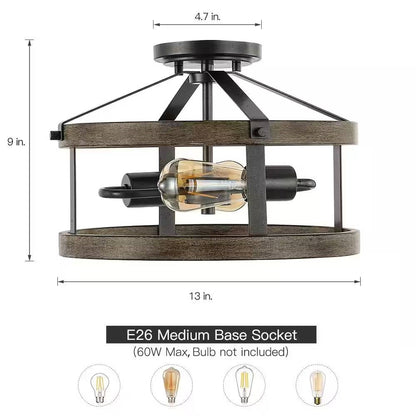 Lámpara de techo semienrasada de 2 luces, estilo rústico, de metal y madera, de 33 cm