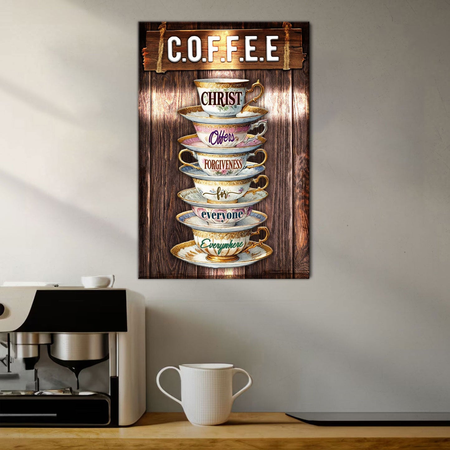 Our C.O.F.F.E.E Faith Sign VIII canvas featuring stacked teacups on a rustic wood backdrop on Tampa Home & Garden Store
