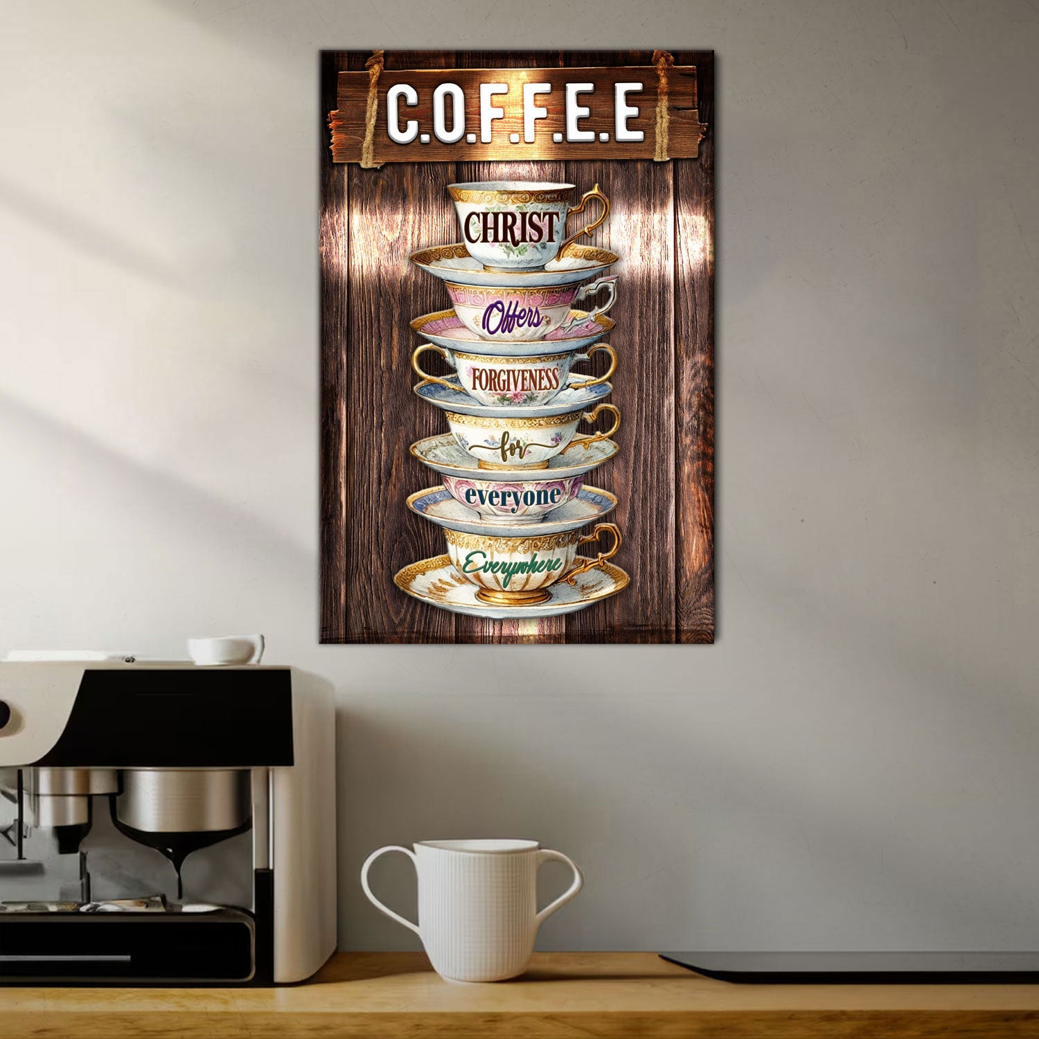 Our C.O.F.F.E.E Faith Sign VIII canvas featuring stacked teacups on a rustic wood backdrop on Tampa Home & Garden Store