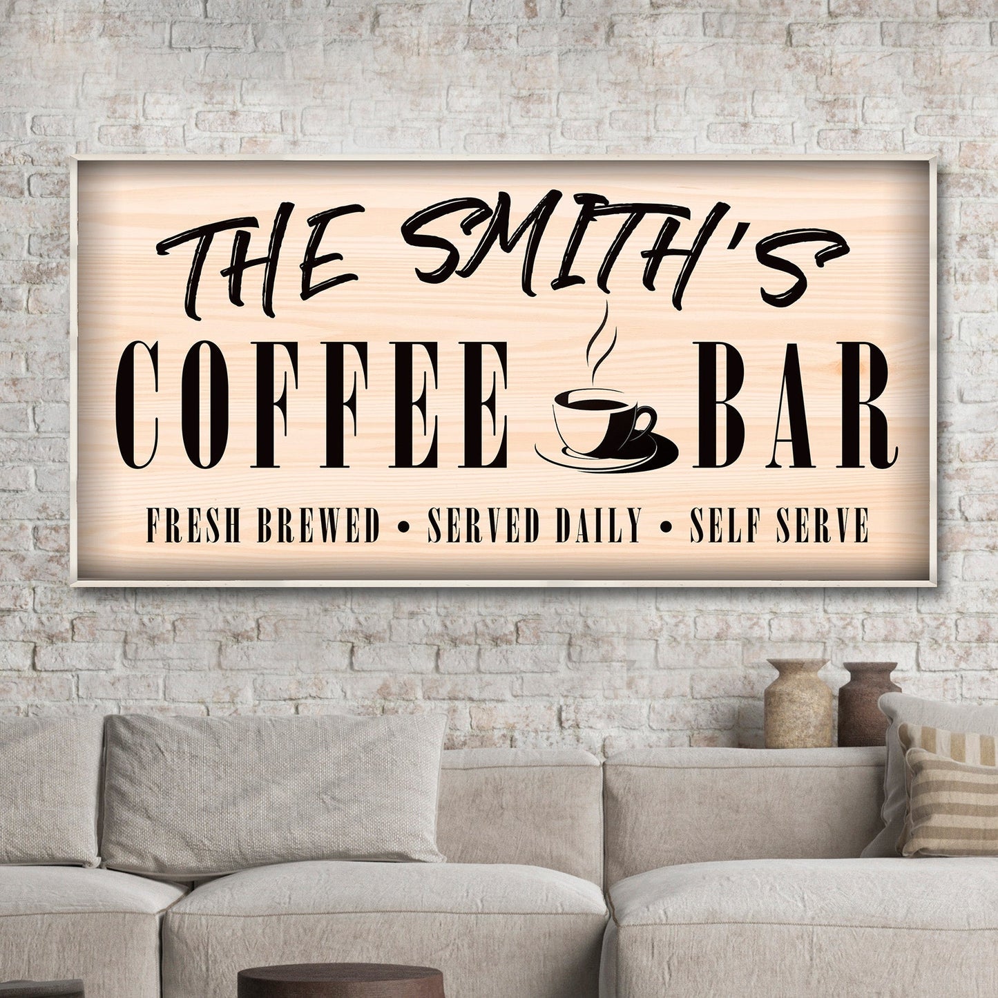 Canvas sign Coffee Bar Sign II with THE SMITH'S COFFEE BAR in black on light wood, steaming cup on Tampa Home & Garden Store