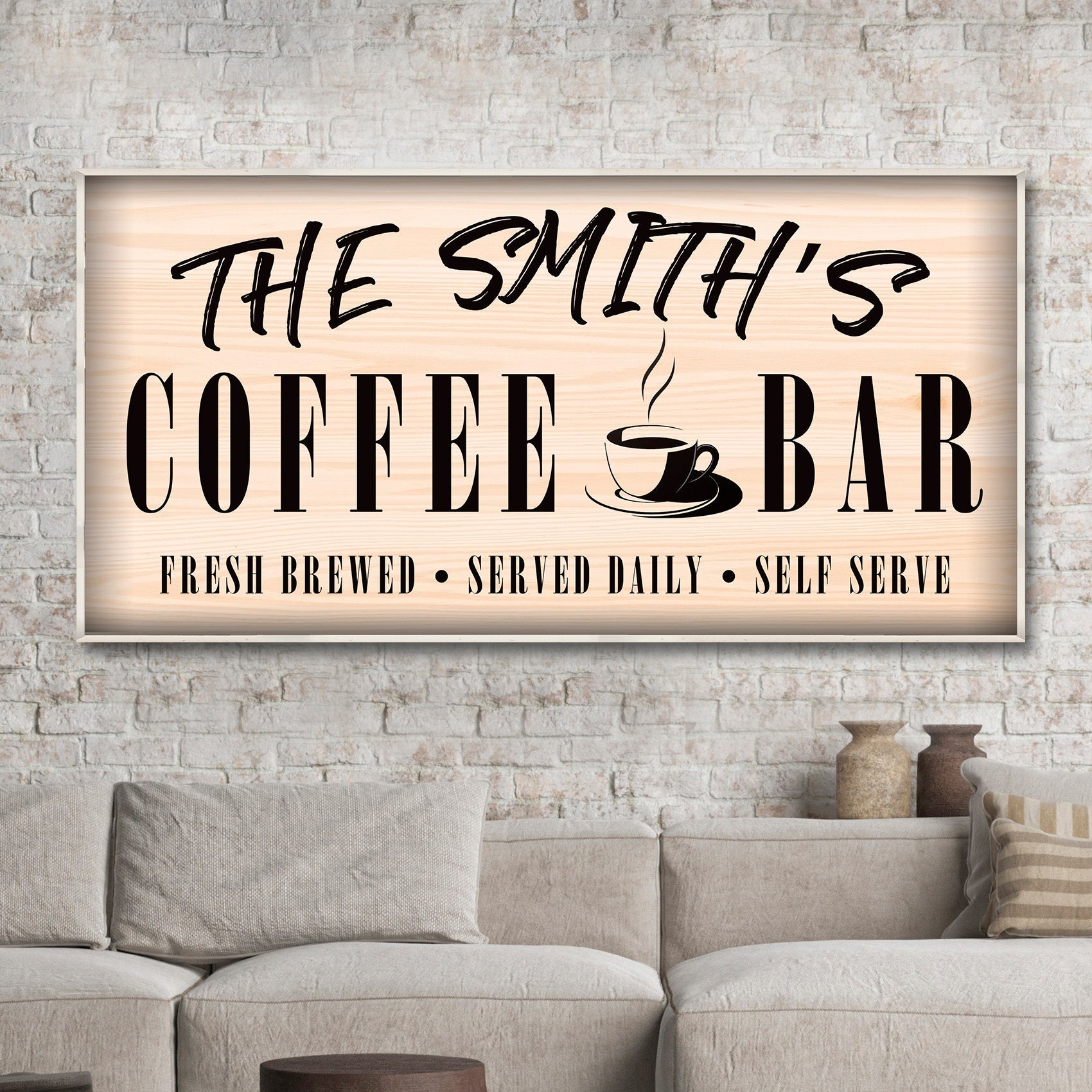 Canvas sign Coffee Bar Sign II with THE SMITH'S COFFEE BAR in black on light wood, steaming cup on Tampa Home & Garden Store