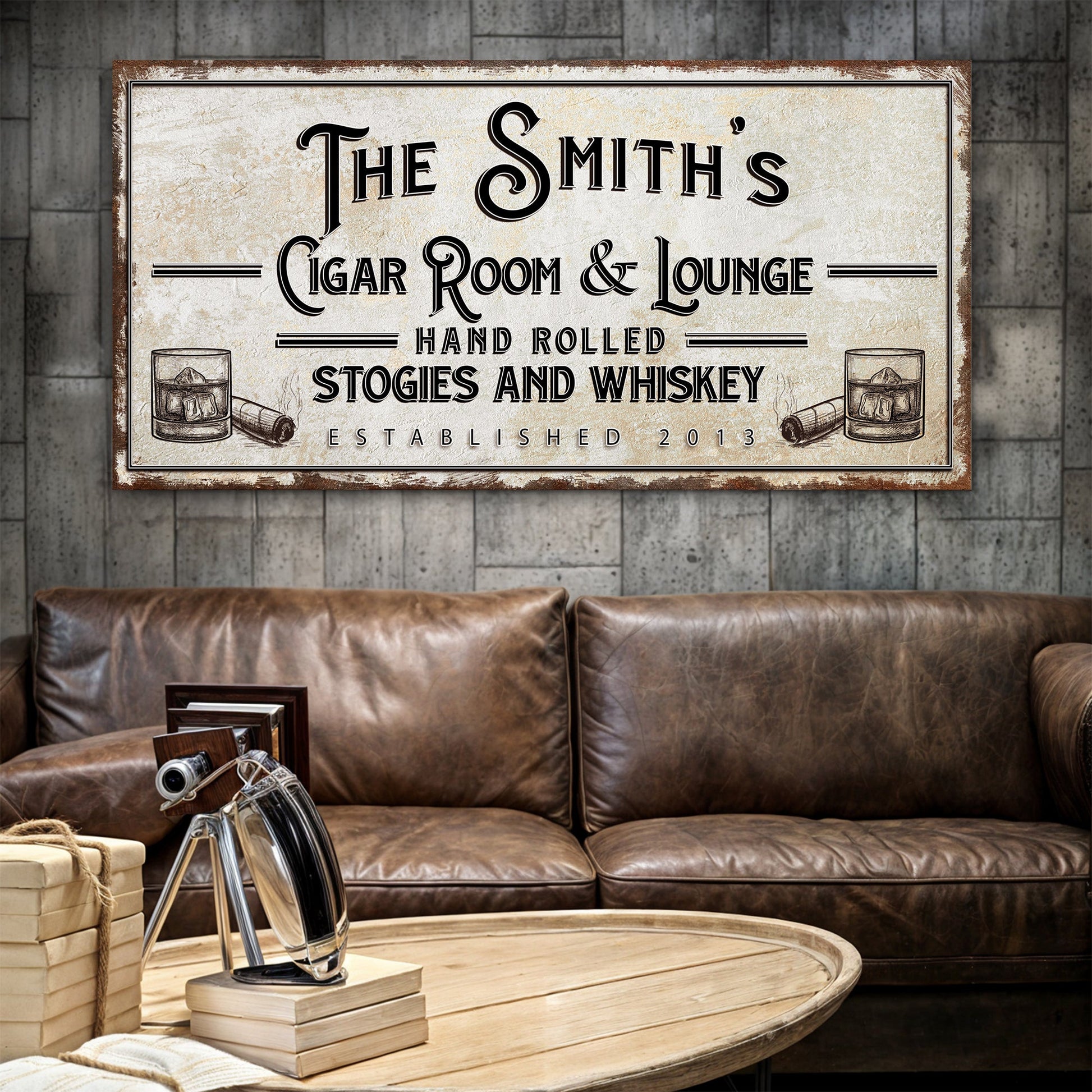 Personalized Cigar Room and Lounge Sign II canvas by Tailored Canvases with black lettering on Tampa Home & Garden Store