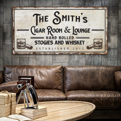 Personalized Cigar Room and Lounge Sign II canvas by Tailored Canvases with black lettering on Tampa Home & Garden Store