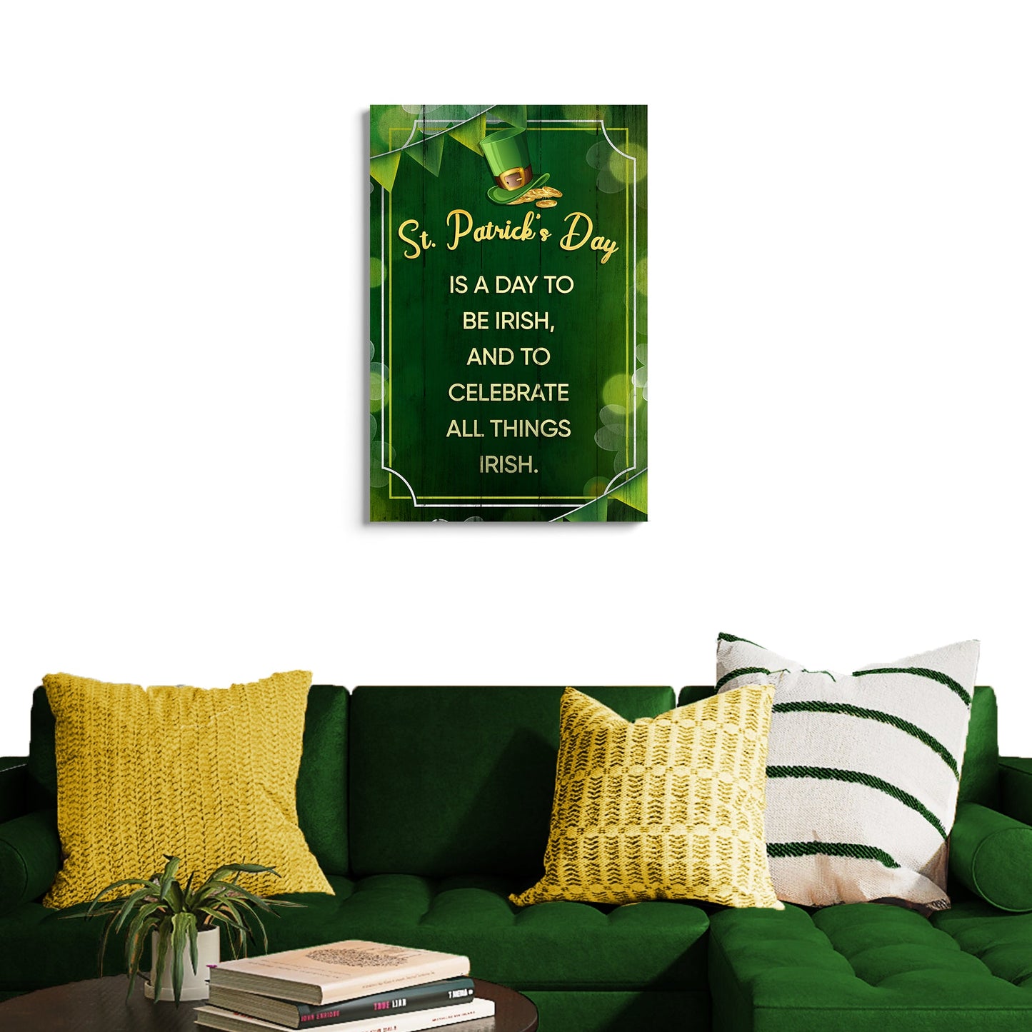St Patrick's Day canvas sign Tailored Canvases; green panel with leprechaun hat and coins on Tampa Home & Garden Store