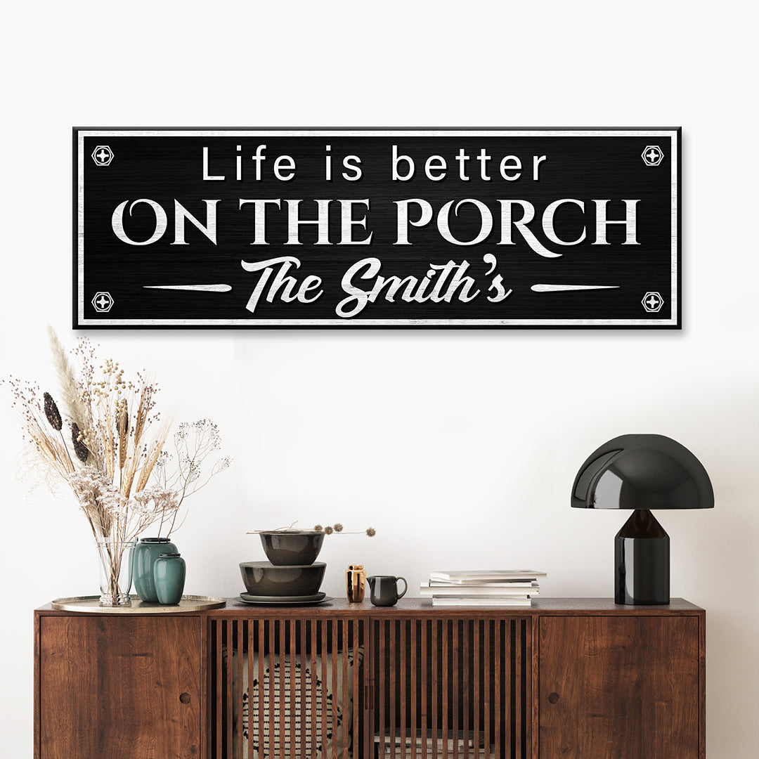 Family Name Porch Sign canvas wall art in black with white typography featuring The Smith's on Tampa Home & Garden Store